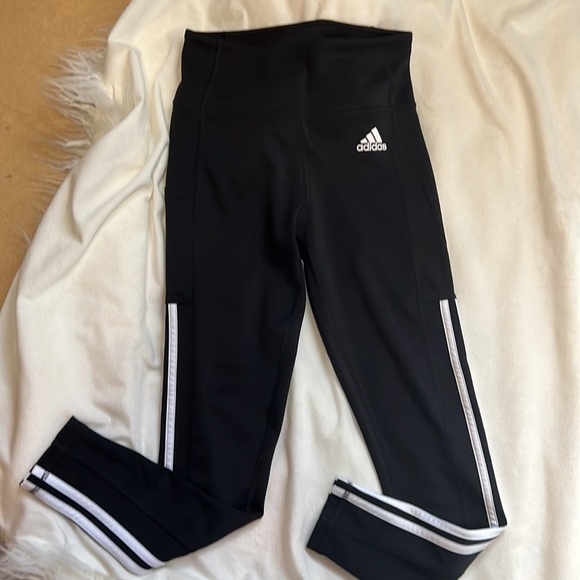 ADIDAS Women's Primegreen Aeroready black with white stripes workout leggings. - Picture 2 of 10